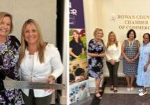(Left Photo: Former President, Elaine Spalding, passes Chamber scissors to Dr. Christine Lynn. |  Right Photo: Pictured, from left to right: Elaine Spalding, Dr. Christine Lynn, Carol Lewis, Tina Jamison Cowan, and Sydney Murphy.)